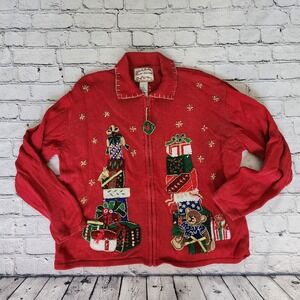 Vintage Heirloom Collectibles Cardigan Sweater L Zip Front Red Christmas Holiday